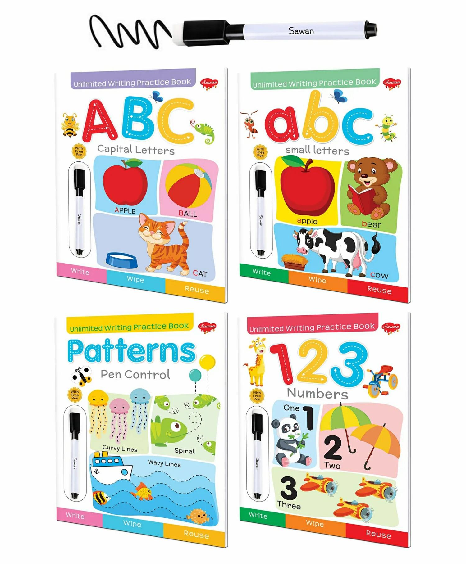 Abc Small Letters Abc Capital Letters 123 Numbers & Patterns Pen Control Reusable Wipe And Clean Books Pack Of 4 – English  |   Board Books Board Books Board Books