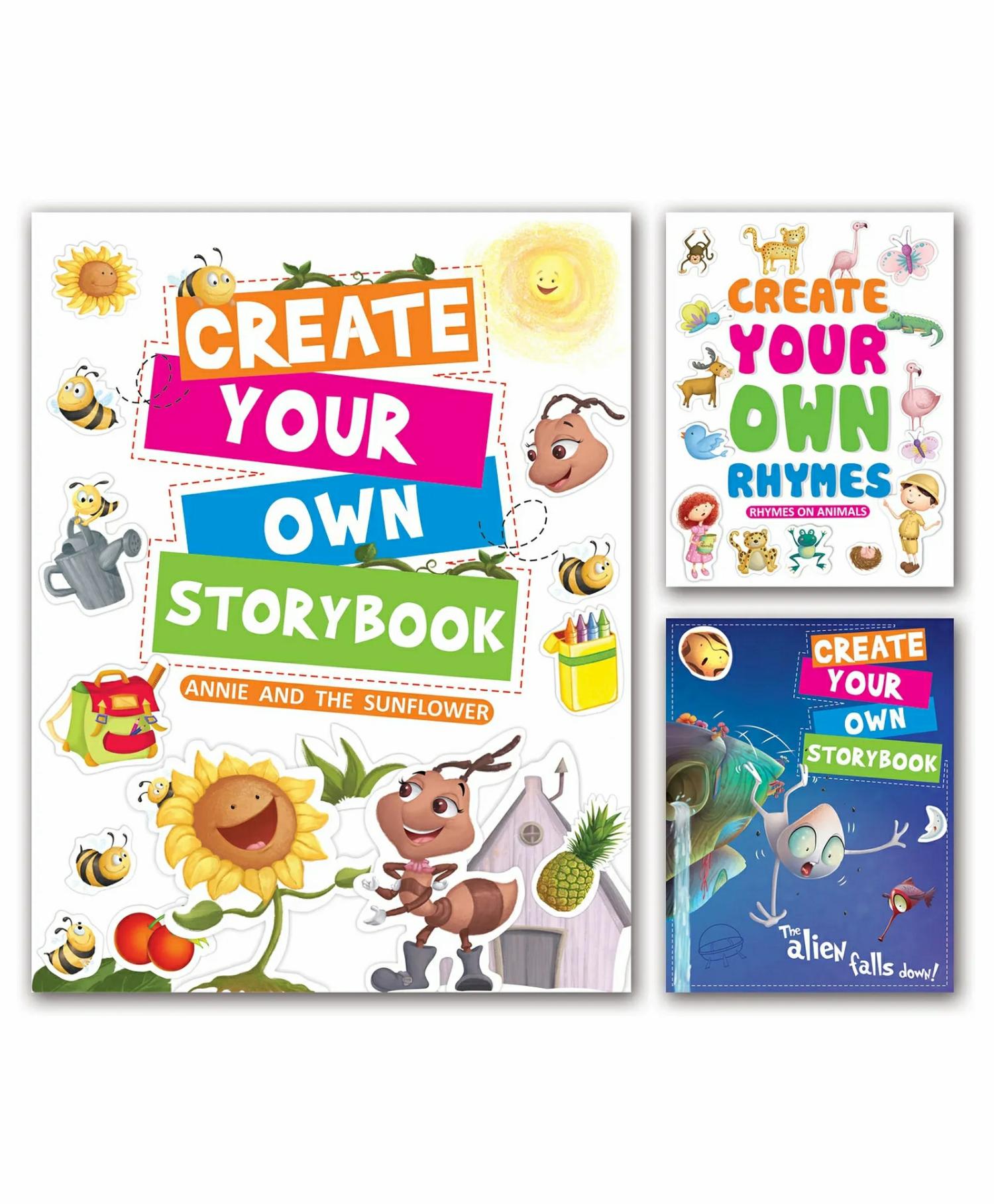 Activity Books For Kids : Create Your Own Story Book : Annie And The Sunflower, Rhymes Animals And The Alien Falls Down Pack Of 3 Books – English  |   Sticker Books Sticker Books Sticker Books