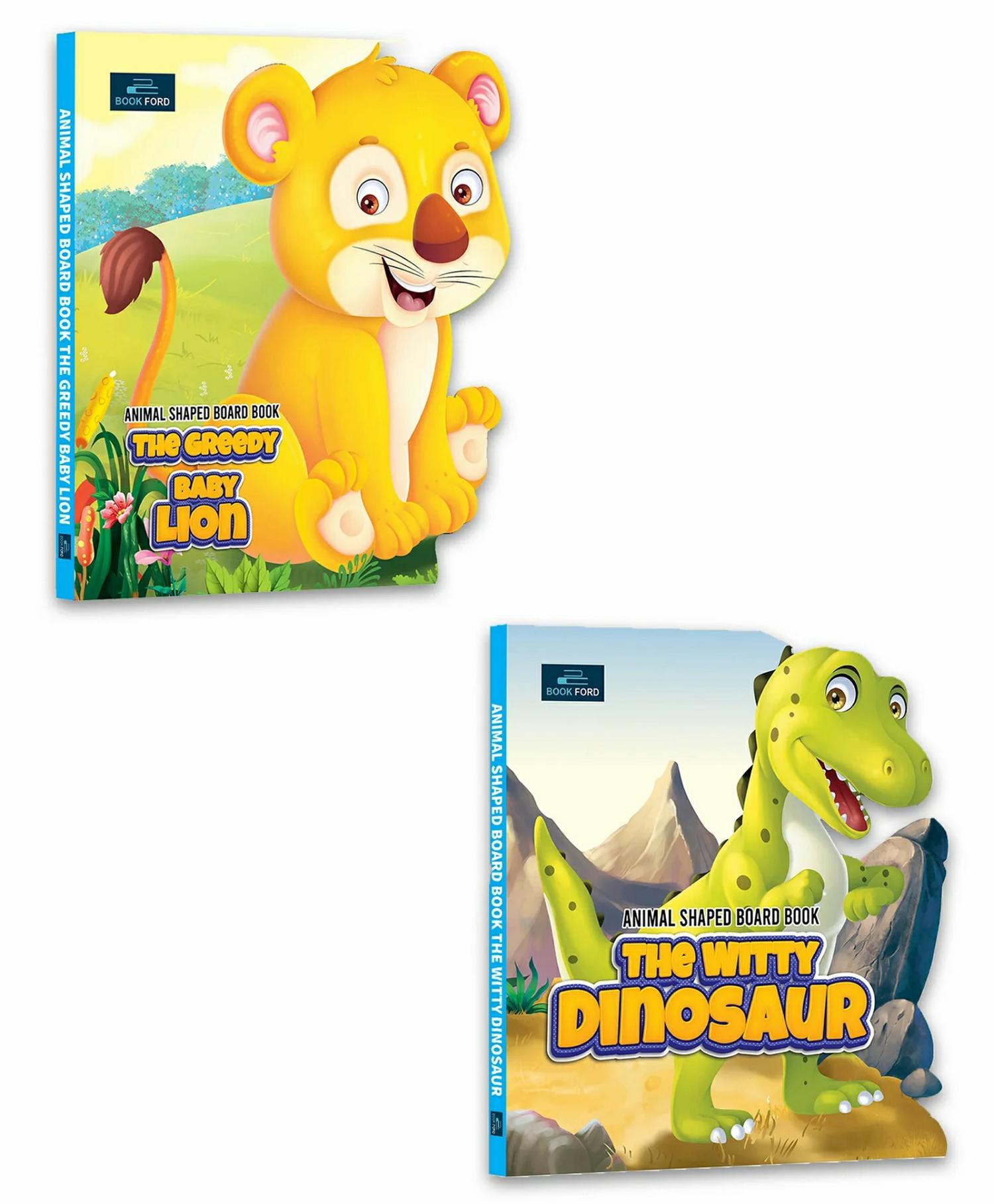 Animals Shaped Story  Board Book Set Of 2 Books The Greedy Baby Lion & The Witty Dinosaur – English  |   Board Books Board Books Board Books