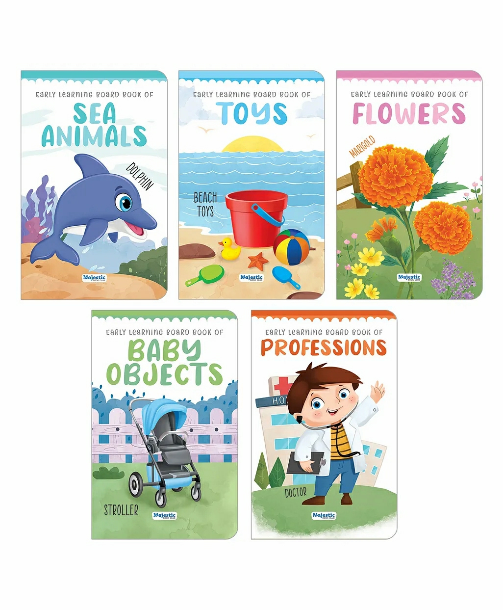 Club Early Learning Board Book Set Of 5 ( Toys, Flowers, Sea Animals, Baby Objects, Professions)  |   Board Books Board Books Board Books