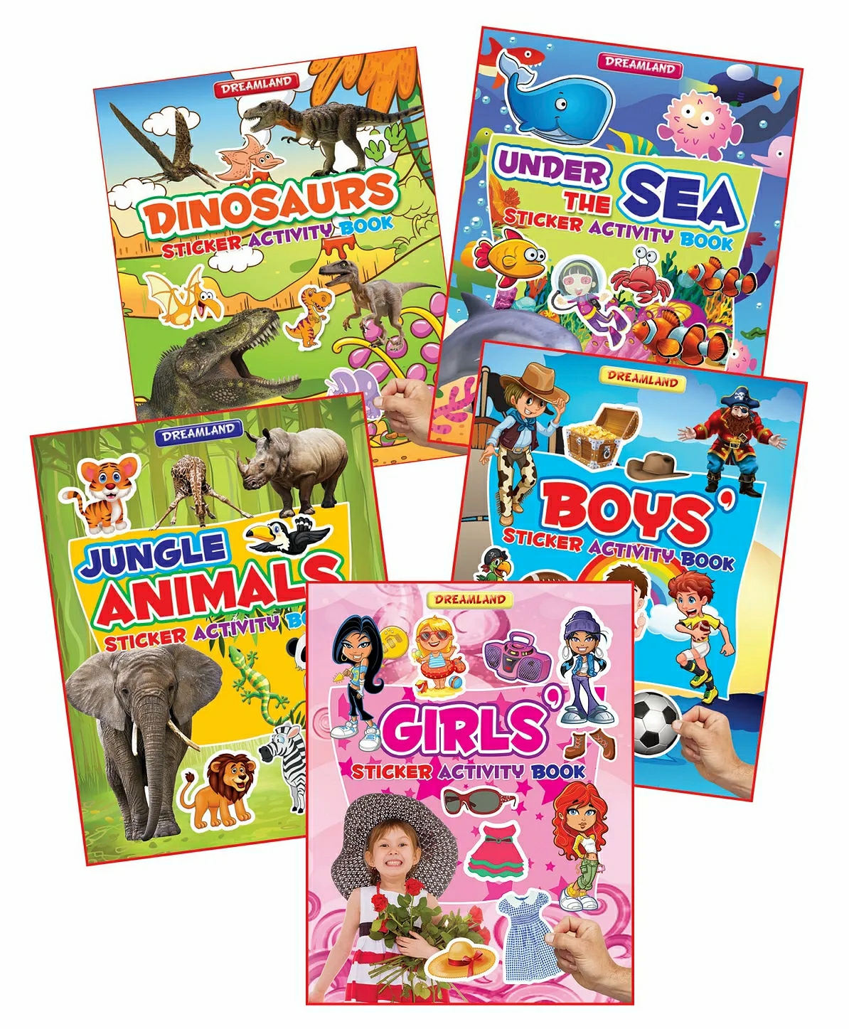 Dreamland Sticker Activity 5 Books Pack For Children – Dinosaurs, Under The Sea, Jungle Animals, Boys And Girls  |   Sticker Books Sticker Books Sticker Books