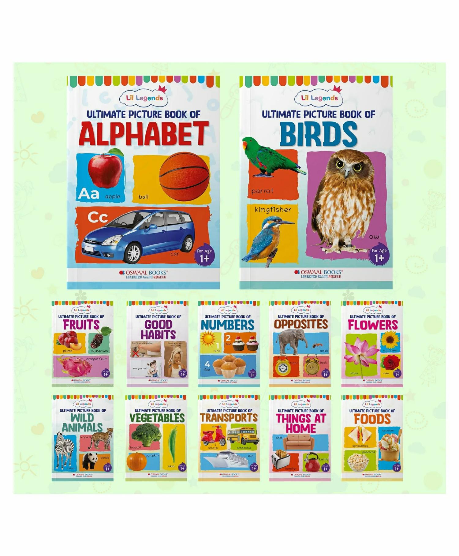 Lil Legends Set Of 12 Picture Books Collection Of Early Learning For 1+ Year Old Kids, To Learn About Alphabet, Birds, Flowers, Foods, Fruits, Good Habits, Numbers, Opposites, Things At Home, Transports, Vegetables And Wild Animals  |   Read & Learn Picture Books Picture Books