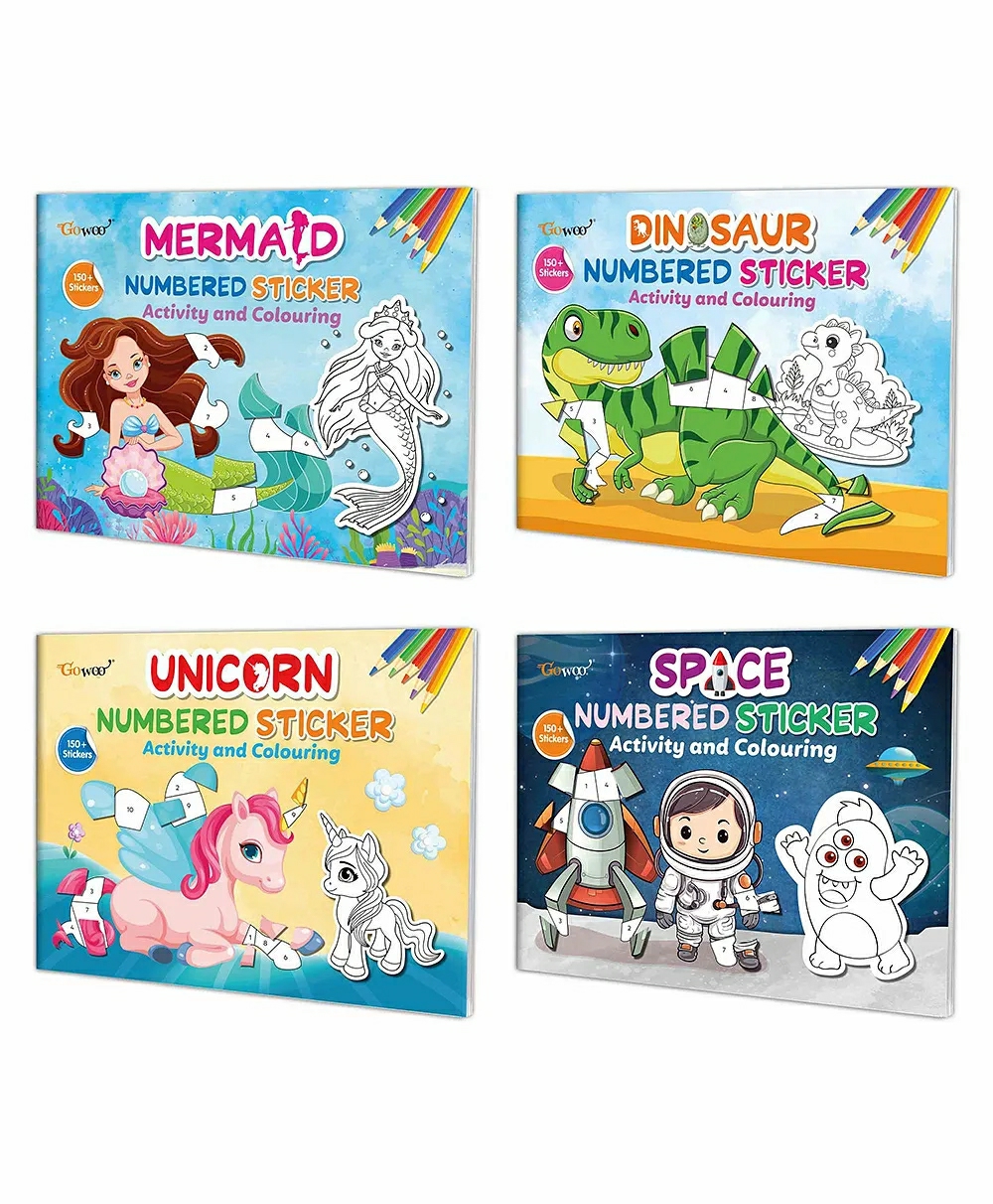 Mermaid, Dinosaur, Unicorn And Space Numbered Sticker Activity And Colouring Books For Age 3+ Kids : Fun Colouring For Children, Sticker Activity Book With Over 150+ Stickers | Pack Of 4 Books  |   Sticker Books Sticker Books Sticker Books