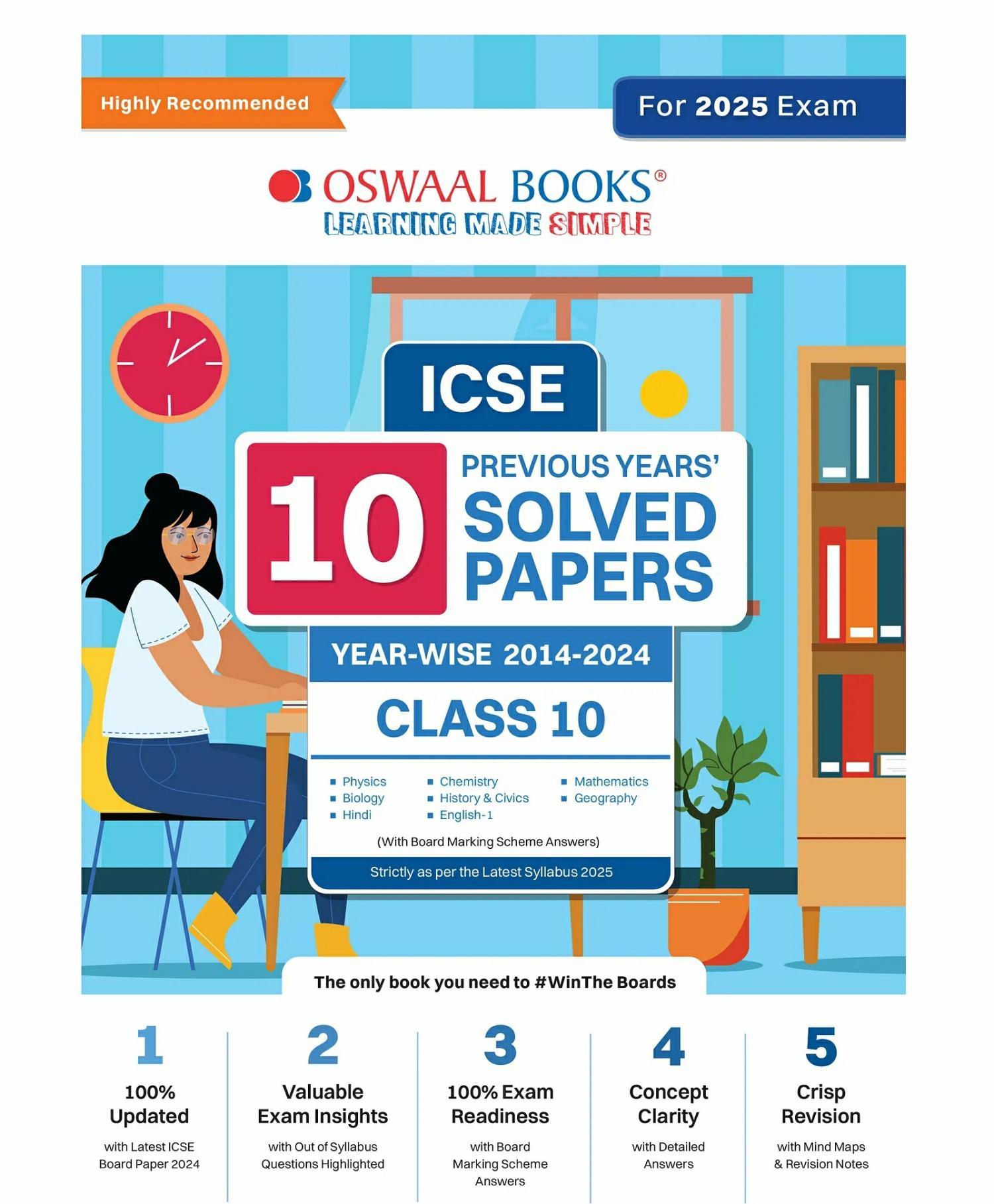 Oswaal Icse 10 Previous Year Solved Papers Class 10 | Year-Wise 2014-2023 | Physics, Chemistry, Maths, Biology, History And Civics, Geography, Hindi, English 1, English 2 | For 2025 Board Exam  |   Academic Books Academic Books Academic Books