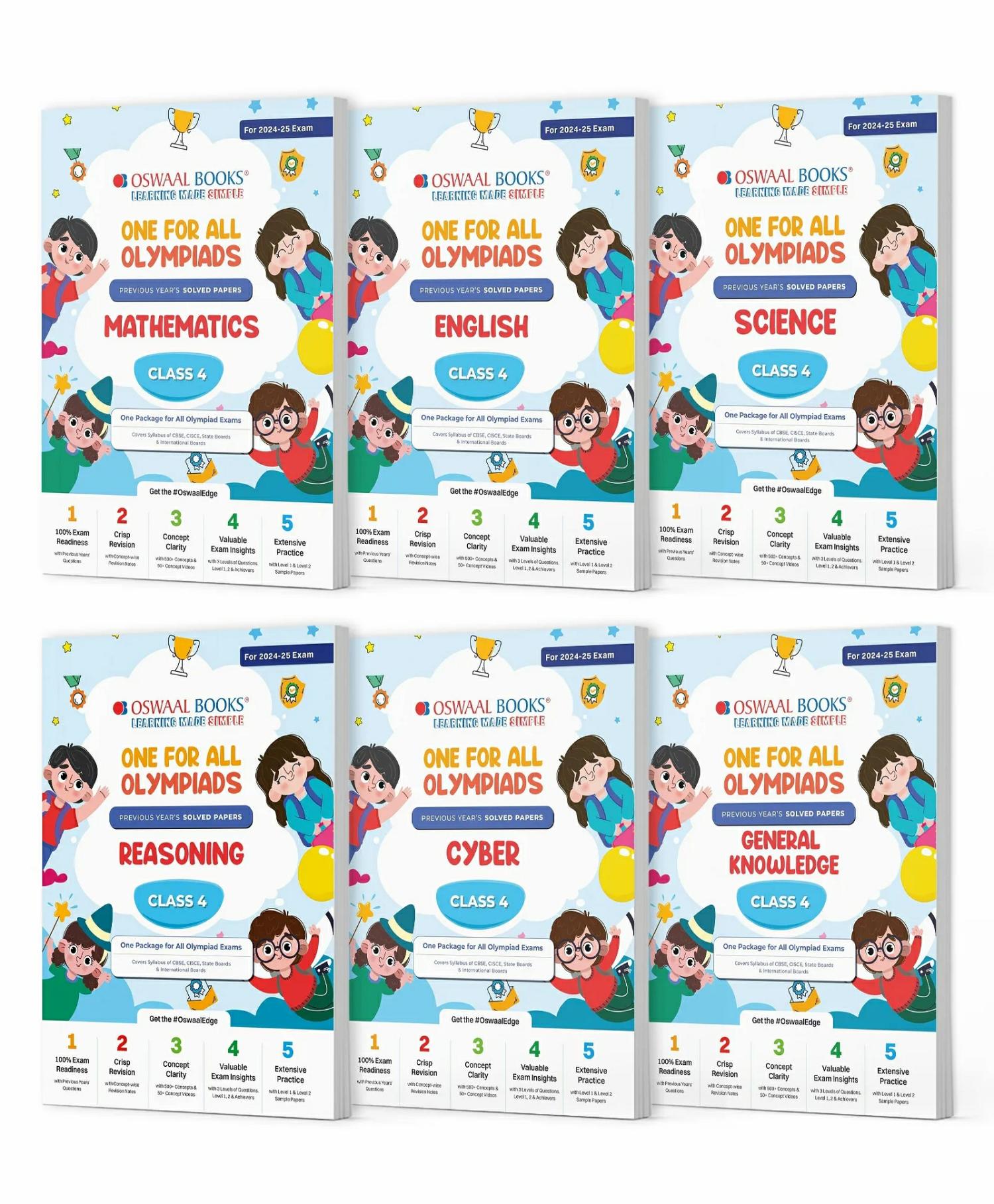 Oswaal One For All Olympiad Previous Years’ Solved Papers Class 4 (Set Of 6 Books) Maths, English, Science, Reasoning, Cyber & General Knowledge (For 2024-25 Exam)  |   Academic Books Academic Books Academic Books