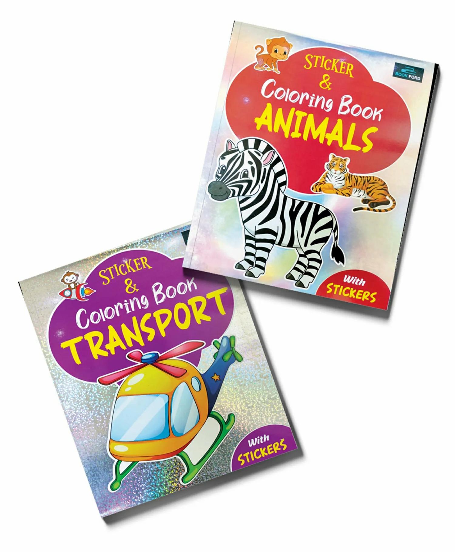 Sticker & Coloring Book Set Of 2 Books Animals & Transport – English  |   Sticker Books Sticker Books Sticker Books